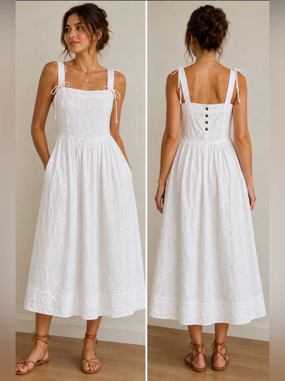 Free People White Eyelet Sundress Cotton Embroidered Midi Dress Ties Pockets S